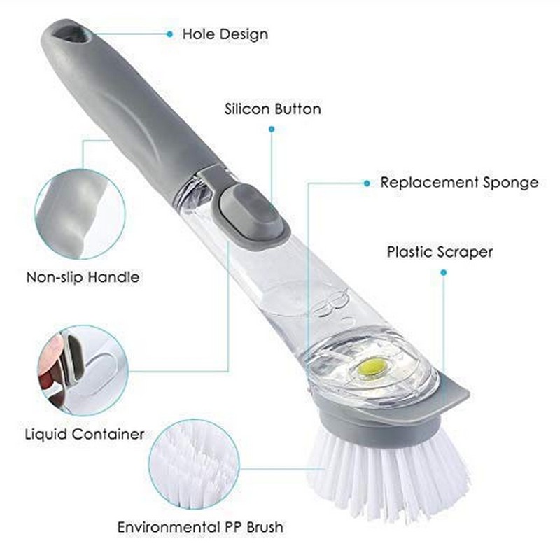 Liquid Soap Dishwashing Brush Scrubber - Kitchen Pot Cleaner Tool Handle Sponge with Wok Brush