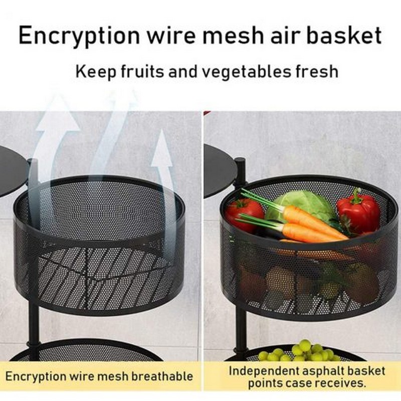 Fruit & Vegetable Storage Basket Metal Wire Mesh Organizer Kitchen Rotating Trolley Portable Rack Round Design