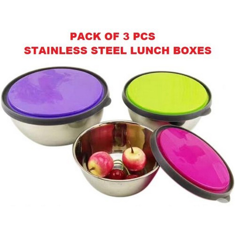 Set of 3 Stainless Steel Lunch Boxes with Leak-Resistant Lids Food Container