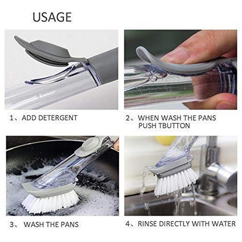 Liquid Soap Dishwashing Brush Scrubber - Kitchen Pot Cleaner Tool Handle Sponge with Wok Brush