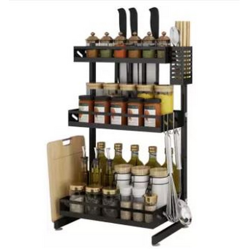 3 Tier Metal Countertop Kitchen Spice Rack Standing Corner Shelf Removable Seasoning Organizer Jars Bottle Storage Knife Utensils Holder