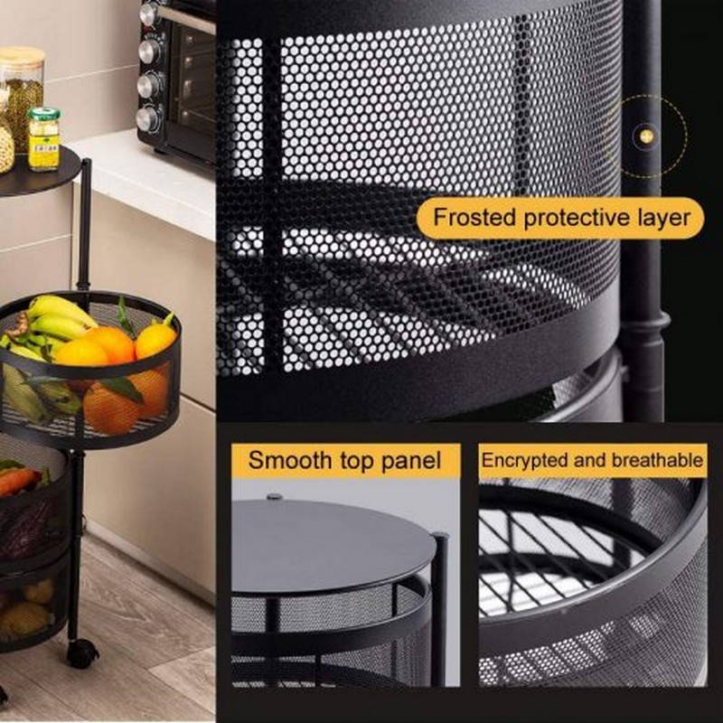 Fruit & Vegetable Storage Basket Metal Wire Mesh Organizer Kitchen Rotating Trolley Portable Rack Round Design