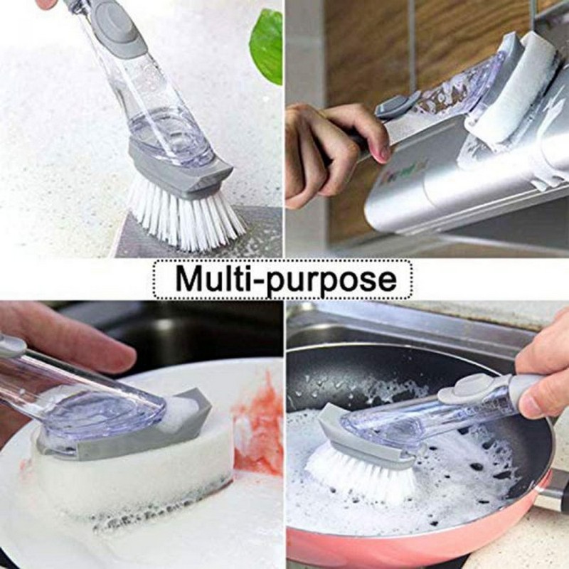 Liquid Soap Dishwashing Brush Scrubber - Kitchen Pot Cleaner Tool Handle Sponge with Wok Brush