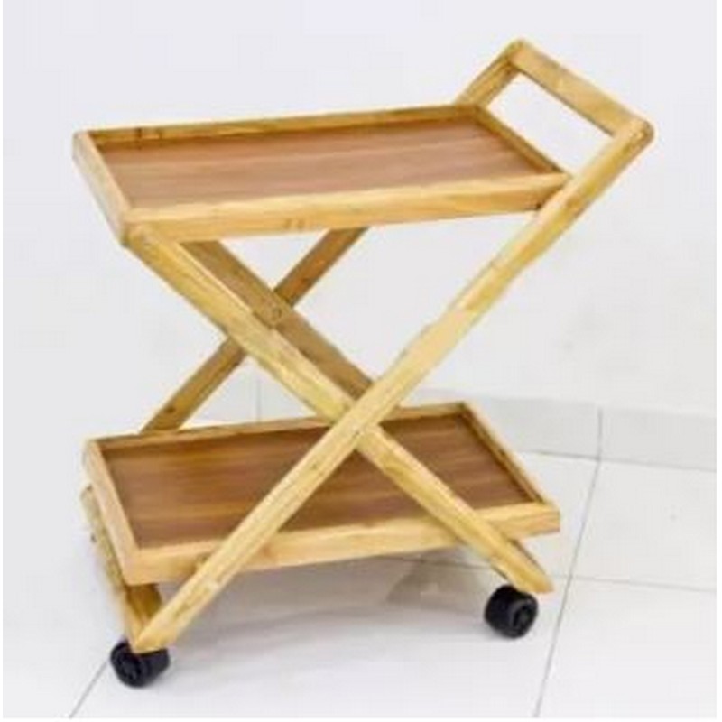 Wooden Bamboo Serving Tea Trolley Foldable 2 Tiers Kitchen Trolley