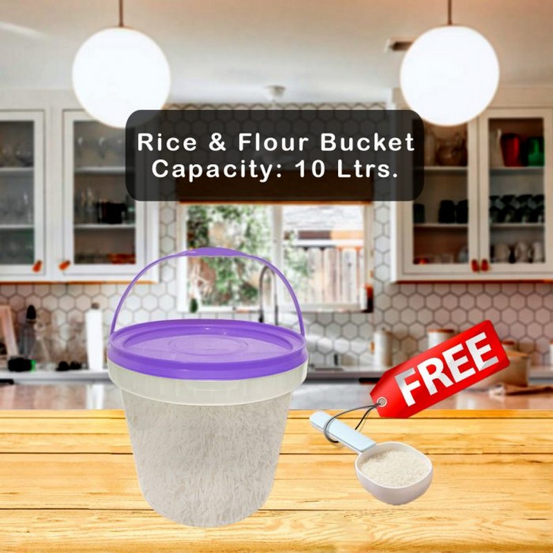 Airtight Rice Bucket 10 Ltrs. Flour Storage Container with Free Spoon - Perfect for Rice Flour Cereal Storage