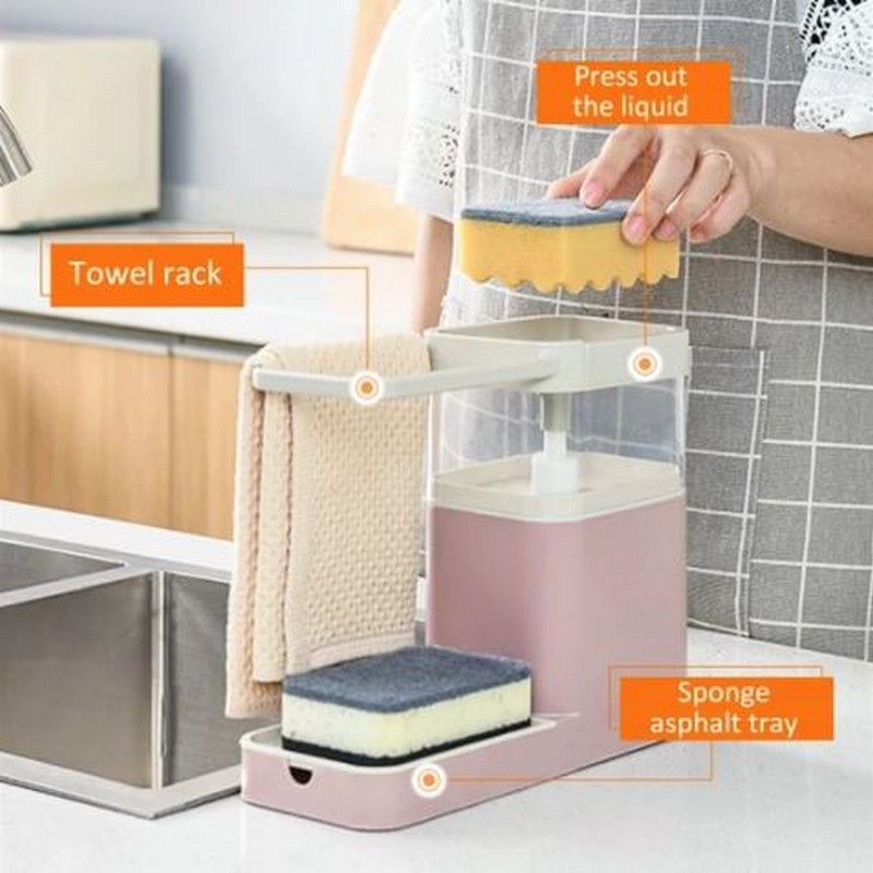 3 in 1 Liquid Soap Dispenser - Soap Pump Dispenser - Sponge Holder - Dishcloth Hanger Draining Rack