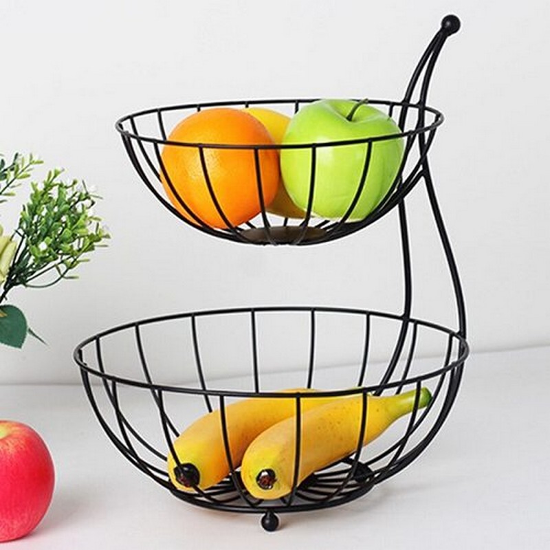 Fruit Vegetable Basket Round Bowl Shaped Double-Layer Wire Hollow Desktop Storage Basket