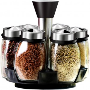 Spice Rack with 6 Glass Spice Holders Jar, Revolving Spice Rack Kitchen Cabinet and Worktop