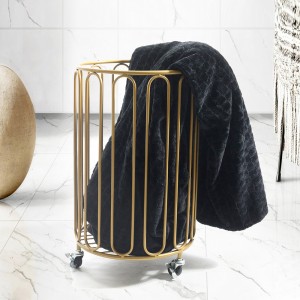 54cm Modern Round Metal Laundry Basket with Wheels, Gold