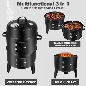 Giantex 3-in-1 Vertical Charcoal Smoker Grill - Portable Outdoor BBQ With Thermometer