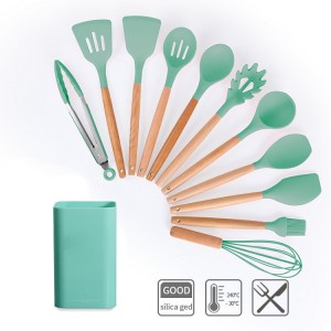12Pcs Silicone Kitchenware Set with Wooden Handle in a Storage Bucket