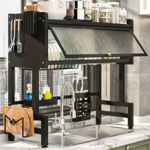 65CM Multi-Compartment Kitchen Sink Organizer with Drain Function for Utensils and Supplies, Durable Plastic/Metal Construction, Kitchen Sink Storage