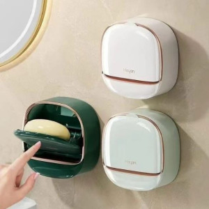 1Pc Wall Mounted Soap Holder With Lid And Drain Tray