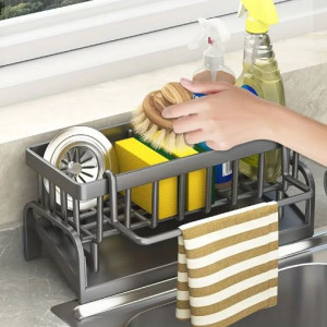 Elegant No-Drill Kitchen Sink Caddy, Durable Plastic Multi-Purpose Storage Organizer for Sponges, Brushes, Towels, and Accessories