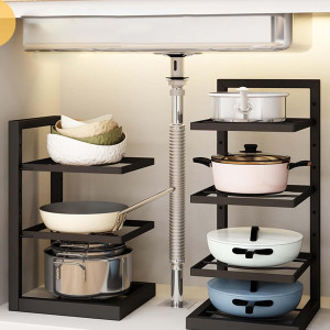 Adjustable 4-Tier Black Stainless Steel Pot Rack - Space-Saving Kitchen Organizer with Multi-Shelved Storage Solution, Ideal for Home & Restaurant