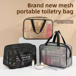 (Pack of 3) Large-Capacity Travel Storage Cosmetic Bag with Zipper Closure Eco-Friendly Mesh Waterproof