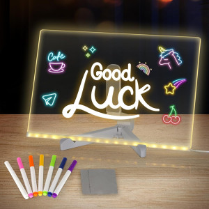 LED Drawing Board for Kids – 12''x8'' Light-Up Acrylic Dry Erase Board with 7 Neon Markers, Adjustable Stand & Cleaning Cloths, Glow