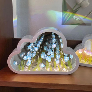 Cloud-Shaped Tulip Mirror Night Light, 20 Flowers Table Lamp for Home Bedroom Decor