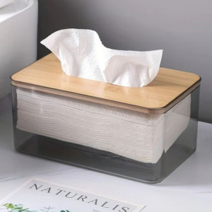 Tinted Acrylic Tissue Box with Wooden Top - Home Organizer