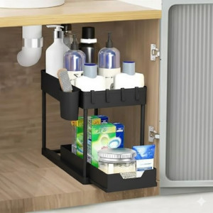 2-Tier Under Sink Sliding Drawer Storage Organizer Rack Multi-Purpose Holder for Kitchen Bathroom Cabinet