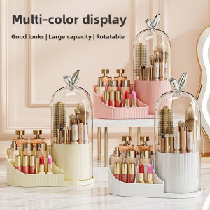 Makeup Organizer with 360 Degree Rotating Brush Holder, Dustproof Cosmetic Storage Box for Lipstick, Perfume & Skincare