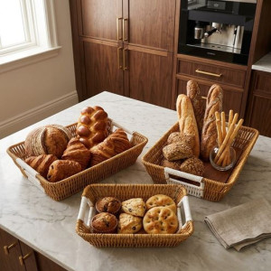 Set Of 3 Rectangular Rattan Basket, Non Woven Imitation Tray, Bread Basket Fruit Basket, Creative Display Snack Storage Basket