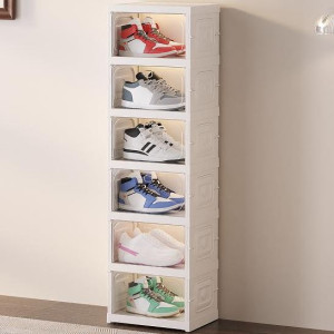 (6 Layer) Plastic Foldable Sneaker Storage Box, Magnetic Clear Door Shoe Organizer Box Moisture-proof Shoe Rack Box