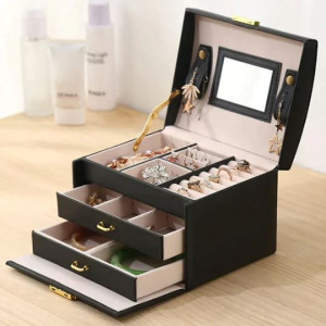 3 Layer Luxurious Large Capacity Jewellery Organizer, Earring Ring Bracelet Storage Case for Women, Double Drawer Leather Jewellery Box