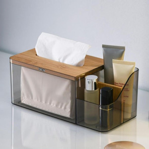 Multi-Purpose Tissue Paper Holder Box with Remote Holder Or Cosmetic Holder (Bamboo Lid)