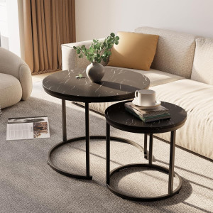 Set of 2 Round Nesting Coffee Table, Marble Finish with Sturdy Metal Frame for Living Room