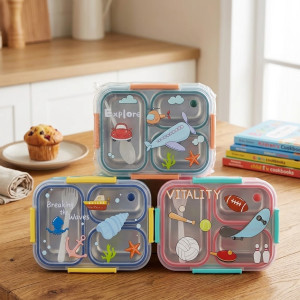 Stainless Steel 3 Compartment Lunch Box with Spoon & Secure Lock & Leak-Proof