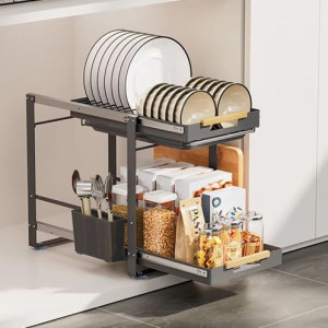2 Tier Shelf Organizer Under the Kitchen Sink Dish Storage Rack Cabinet Pull Out Drawer Cabinet Organizer