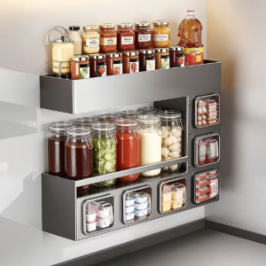 Kitchen Multifunctional Wall-Mounted Metal Spice Rack with 6 Seasoning Box