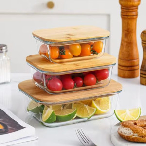 (Set of 3) Borosilicate Glass Food Containers with Bamboo Lid | Airtight & Reusable Kitchen Storage Boxes For Meal Prep, Leftovers & Lunch Box