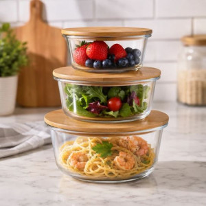(Set of 3)Transparent Glass Storage Containers with Bamboo Lids, Round Design Stylish Serving Set