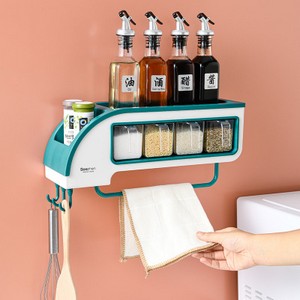 Multi-Grid Seasoning Box With Spoon Wall Mounted - Kitchen Storage Rack Seasoning Jars and Bottles Storage Rack Compartment Condiment Dispenser