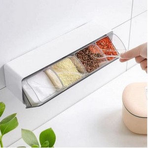 Household Condiment Box - Multi-Compartment Wall Mounted With Spoon Seasoning Pepper Box Condiments Jar