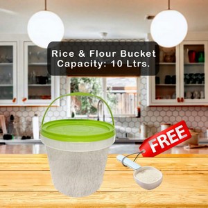 Airtight Rice Bucket 10 Ltrs. Flour Storage Container with Free Spoon - Perfect for Rice Flour Cereal Storage