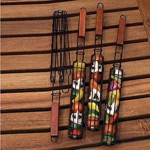 Non-Stick BBQ Kabab Grilling Basket, Roasting Grill Net, Stainless Steel Mesh Barbecue, Rotisserie Basket with Wooden Handle (Pack of 1)-Black
