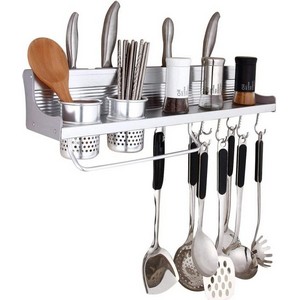 Wall Mounted Aluminium Kitchen Utensils Holder Organizer - Multipurpose Kitchen Organizer Rack Include Spice Rack, Spoon Ladle