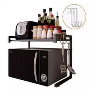 Microwave Oven Rack, Expandable and Width Adjustable Kitchen Counter Shelf and Organizer with 3 Hooks, Carbon Steel