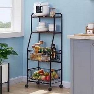 4 Tier Metal Kitchen Rack Rolling Utility Cart Trolley with Wooden Shelf for Microwave Oven Plate Organizer Fruit Vegetable Storage Basket