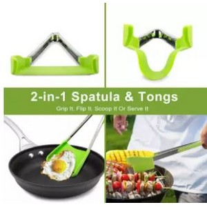 2 in 1 Clever Tongs Non Stick Heat Resistant Kitchen Spatula with Stainless Steel Frame and Heat Resistant Silicone Tong.