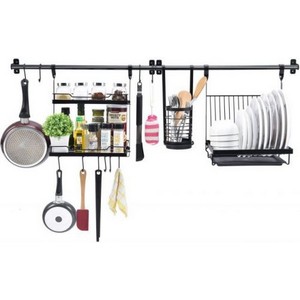 Wall Mounted Plates Dish Cutlery Glass Pot Lid Rack, Hanging Spice Rack Set, Rail Rack, Dish Rack, Lid Holder,  Storage Organizer for Kitchen