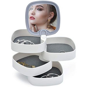 Rotating Jewelry Box Mirror 4 Shelf Layer Storage with Mirror Cosmetics Tray Organizer for Necklace Bracelet Ring